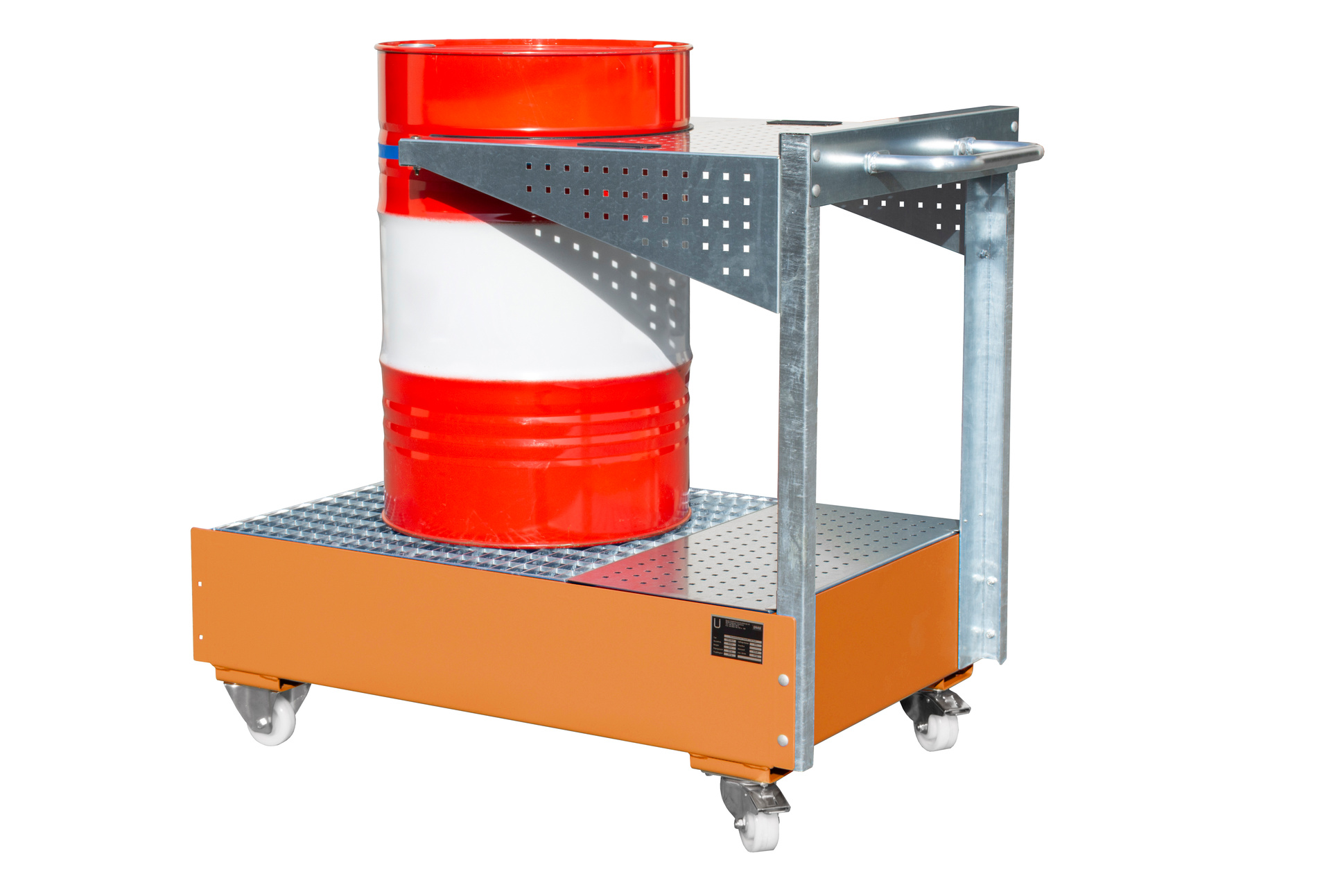 Fahrbare Auffangwanne mit Lochplattenwand Typ LPW RAL 2000 Gelborange