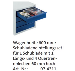 Schubladeneinteilungsset für 1 Schublade (techn. Daten)